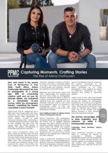 Featured in PPMC Magazine 1 PPMC Magazine editorial article on photographer Ariena Oosthuysen featuring her creative journey, photographic style, and rise in the South African industry.